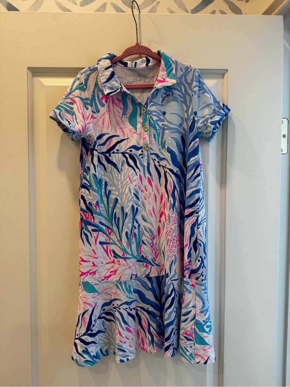 Lilly Pulitzer Girls Sadie Polo Dress Crew Blue Tint Kaleidoscope Corals Size M